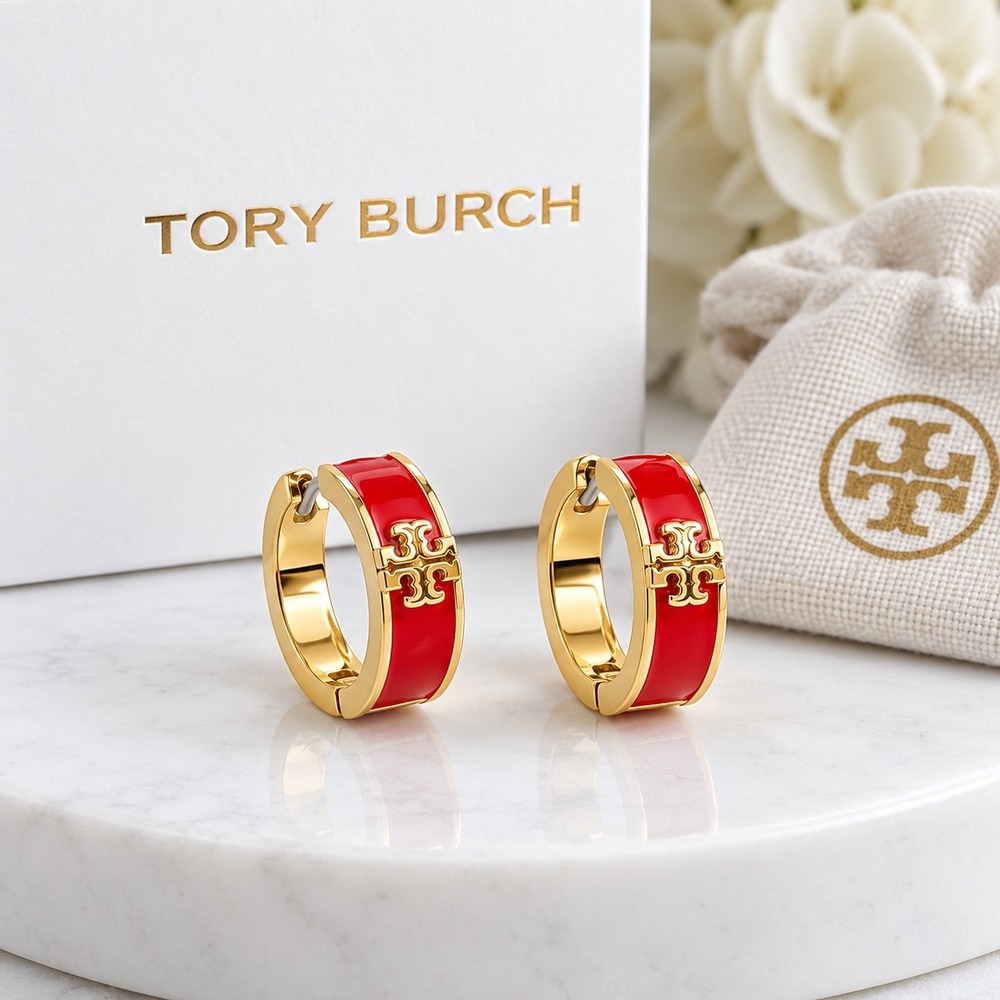 Tory Burch Kira Enamel Huggie Hoops in Red & Gold / Dustbag Included / NWT